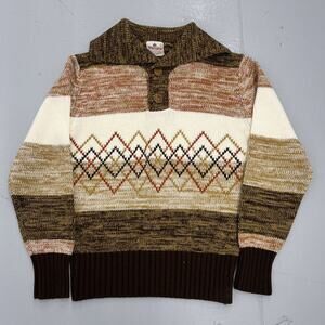Vintage 60s Sportswear Beige Aztec Pattern Collared Sweater